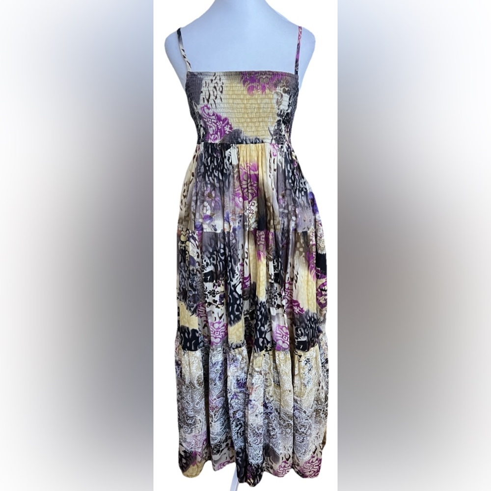 BILA Gray Yellow Purple Watercolor Floral Sundress Maxi Dress Size Small